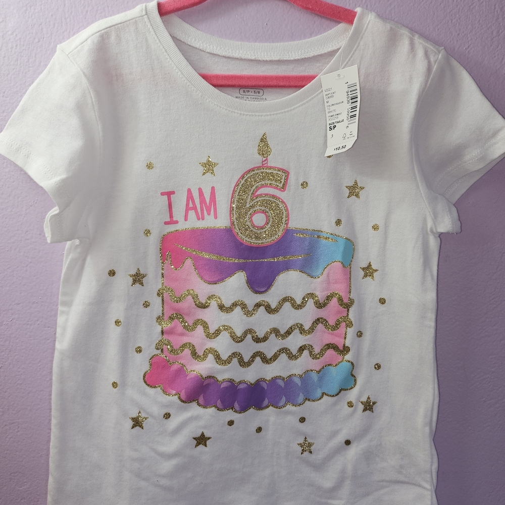 Girls 'I Am 6' White Birthday Tee with Pink & Purple Cake